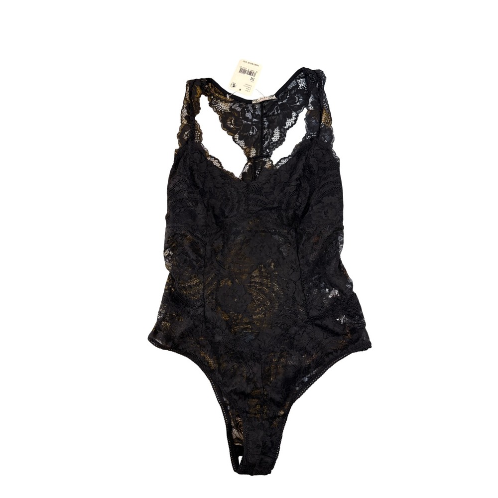 Free People Intimately Black Floral Lace Racerback Thong Bodysuit Medium NWT